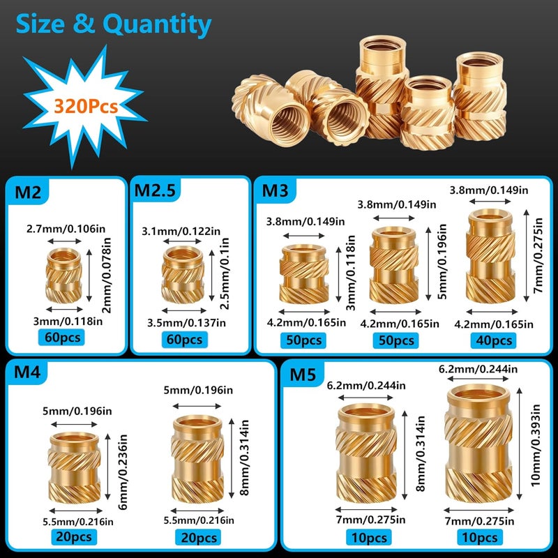 FFVRVSS 320+6Pcs M2 M2.5 M3 M4 M5 Premium Brass Threaded Inserts, Metric Brass Knurled Nuts Assortment Kit, with Heat Set Insert Tool, for Plastic and 3D Printing Components, All-in-one - Image 2